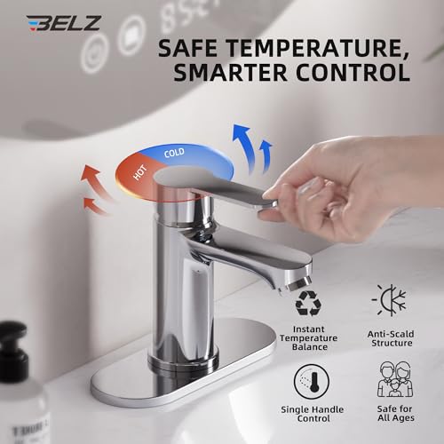 BELZ Chrome Bathroom Faucet, Lead-Free for 1 or 3 Hole 4" Vanity Sink | NSF372 Compliant,Anti-peeling PVD Finish,Includes Pop-up Drain & Hoses,Single Handle Modern Design, Easy DIY Install - color: Polished Chrome