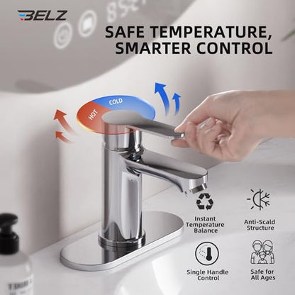 BELZ Chrome Bathroom Faucet, Lead-Free for 1 or 3 Hole 4" Vanity Sink | NSF372 Compliant,Anti-peeling PVD Finish,Includes Pop-up Drain & Hoses,Single Handle Modern Design, Easy DIY Install - color: Polished Chrome