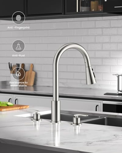DAYONE 2 Handle Kitchen Faucet with Pull Down Sprayer, 3 Hole Sink Faucets with Separate Handle for Kitchen RV Laundry Bar, 3 Modes, SUS304 Stainless Steel, Brushed Nickel - color: Brushed Nickel, style: 2-handle