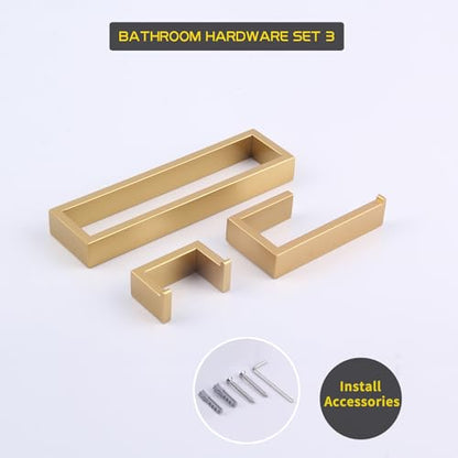 GERZWY Bathroom Accessory 3-Piece Set SUS 304 Stainless Steel Toilet Paper Holder Towel Ring Towel Hooks Wall Mount Gold Finished HG1708-3BE - color: Gold