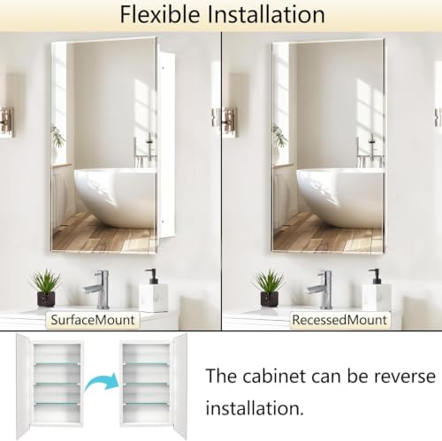 Bathroom Medicine Cabinet with 20"x26" Frameless Beveled Mirror,Recessed or Surface Mount, Space-Saving Storage for Toiletries,White Finish,Easy Installation - size: FMG-CM7005-2026