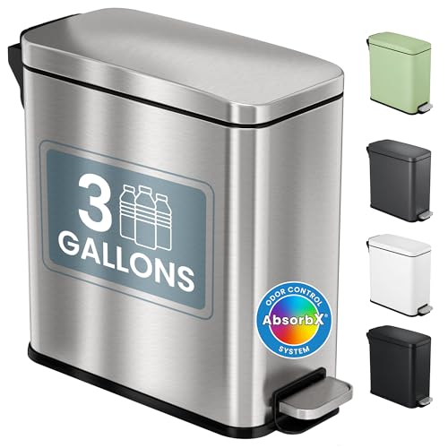 iTouchless 3 Gallon Small Wastebasket for Bathroom with Lid, Deodorizer, Soft-Step Stainless Steel Slim Garbage Bin, 12 L Silver Small Trash Can, Step Pedal, Fingerprint-Proof for Powder Room & RV - color: Brushed Silver