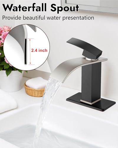 Midanya Waterfall Bathroom Faucet 1 Hole,Brushed Nickel Spout/Matte Black | with 24” Hoses,Pop Up Drain,6” Deck Plate,for 1 or 3 Hole Vanity,Lavatory,RV,Single Handle Bathroom Sink Faucet,NSF Certified - color: Nickel Spout/Black