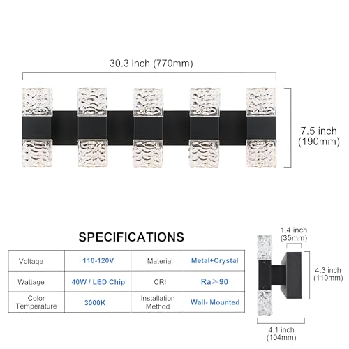 MELUCEE 30.3 in LED Bathroom Lighting Fixtures Over Mirror 40W | LED Vanity Light Black Modern Bathroom Light Bar Crystal Wall Light Fixtures, 3000K Warm Lighting, Built-in Led Chips - color: Black, size: 5 Lights