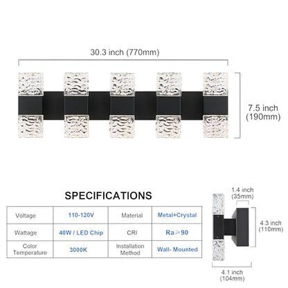 MELUCEE 30.3 in LED Bathroom Lighting Fixtures Over Mirror 40W | LED Vanity Light Black Modern Bathroom Light Bar Crystal Wall Light Fixtures, 3000K Warm Lighting, Built-in Led Chips - color: Black, size: 5 Lights