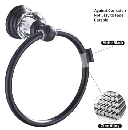 Black Crystal Towel Ring, Bathroom Towel Holder Ring, Matte Black Bathroom Towel Rack Hanger Home Hand Towel Ring Towel Holder for Bathroom Wall Mounted Bathroom Accessory - color: Black