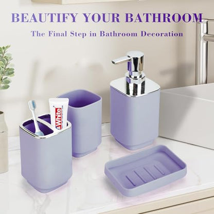 4Pcs Lavender Bathroom Set, Square Boho Soap & Toothbrush Holder Set | Thick shatterproof ABS, electroplated rust-proof pump, drip-free, multi-slot holder, dustproof lids, easy-clean - color: Lavender, size: 4PCS