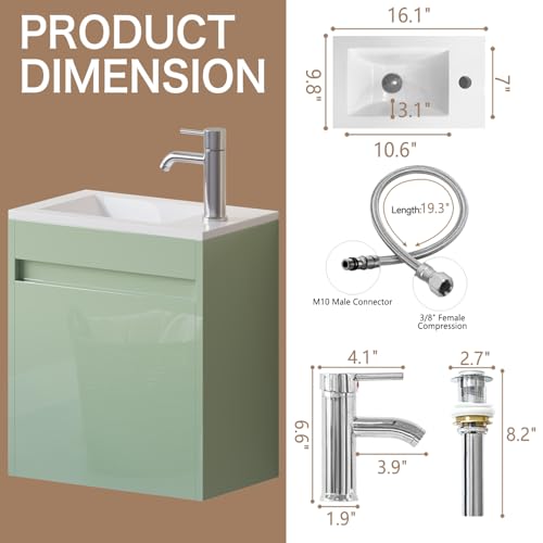 wonline 16" Floating Bathroom Vanity with Sink, Wall Mounted Resin Basin Cabinet Combo for Small Bathrooms, High Gloss Green, Includes Chrome Faucet & Pop Up Drain - color: Green