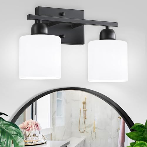 Bath Vanity Lights for Mirror, Restroom Lights Fixtures with Milky White Frosted Glass Shades,Bathroom Over Sink Light Fixtures (Black & Milky White Glass, 2-Light) - color: Black & Milky White Glass, size: 2-Light