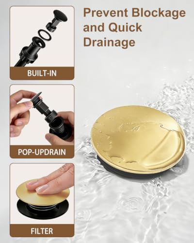 Waterfall Single Handle Bathroom Sink Faucet with Drain Gold | Brushed Gold Vanity Faucet with Pop-up Drain, Ceramic Valve, for 1 or 3 Hole Modern Bathrooms. - color: Light Gold