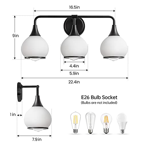 Black Bathroom Light Fixtures 3-Lights Vanity Lights with Milky White Frosted Glass Shade Bathroom Vanity Light 22.4 inch Wall Sconce Lighting Bath(Exclude E26 Bulb) - color: Black, size: 3 Light