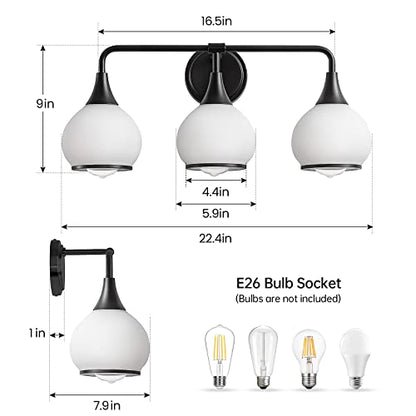 Black Bathroom Light Fixtures 3-Lights Vanity Lights with Milky White Frosted Glass Shade Bathroom Vanity Light 22.4 inch Wall Sconce Lighting Bath(Exclude E26 Bulb) - color: Black, size: 3 Light