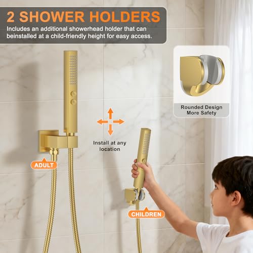 Brushed Gold Shower System with Tub Spout, Ceiling Mounted Bathtub Shower Faucet Set, 12" Rainfall Shower Head and Handheld Shower Combo, High Pressure Shower Fixtures Set with Rough-in Valve - color: Brushed Gold, style: 12" Ceiling Mounted Shower System