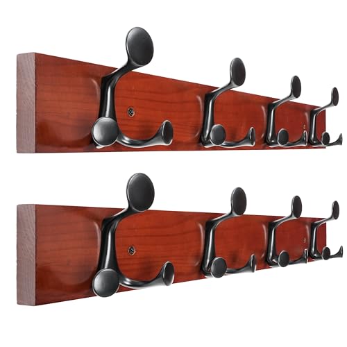 WEBI Coat Rack Wall Mount,24" Solid Wood Coat Hooks Wall Mounted Coat Hanger,16" Hole to Hole,Heavy Duty Hook Rack Rail,4 Triple Hooks for Hanging Coats,Jacket,Clothes,Hat,Backpack,Cherry,2 Packs - color: Cherry, size: 24 Inch(2 Pcs)
