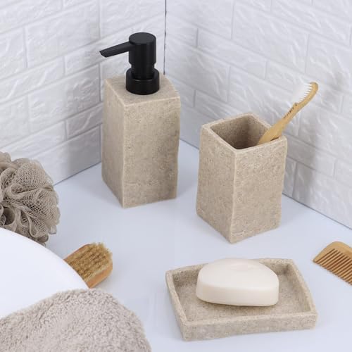 Collection Stone Effect Bath Accessory Set-4 Pieces, Resin, Tumbler,Natural | Soap Dispenser, and Toilet Brush Holder, Contemporary, Durable Construction, Bathroom Accessories Set, Housewarming Gift Set - size: Natural