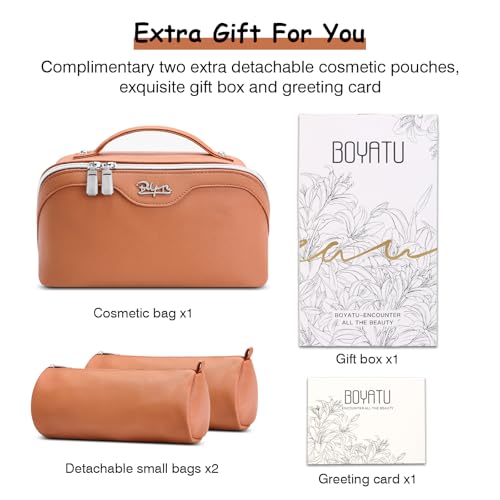BOYATU Travel Makeup Bag Organizer Cosmetic Bag: 3 Pcs Set Make up Bags for Women with Handle - Waterproof Vegan Leather Toiletry Bags Travel Essentials Pouch with Compartments (C-02-Brown) - color: 04-B-Brown