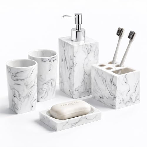 5 Piece Bathroom Accessories Set, Marble Resin Bathroom Vanity Set, Soap Dispenser, Toothbrush Holder, Soap Dish & 2 Tumblers, Bathroom Countertop Organizer Set (Ink White) - color: Ink White