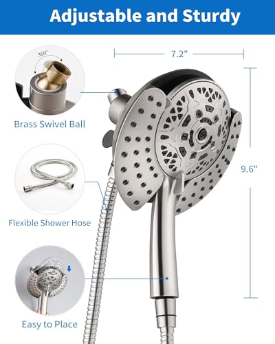 2 in 1 Shower Head with Handheld Combo High Pressure Nickel 1.8 GPM | 7.2" Rain Showerhead and 10 Spray Hand Held Shower, Adjustable Shower Angle, 59-inch Rotatable Stainless Steel Hose - color: Nickel, size: 1.8 GPM