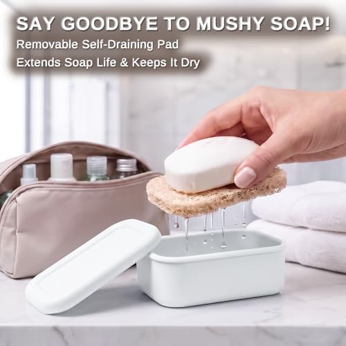 HighHerz Leak Proof Silicone Travel Soap Case with Draining Tray - Bar Soap Holder for Travel, Gym & Camping - Mess-Free Portable Soap Container for Carry-on Bags (White) - color: White