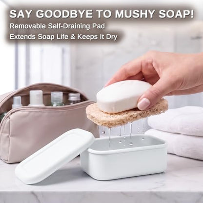 HighHerz Leak Proof Silicone Travel Soap Case with Draining Tray - Bar Soap Holder for Travel, Gym & Camping - Mess-Free Portable Soap Container for Carry-on Bags (White) - color: White