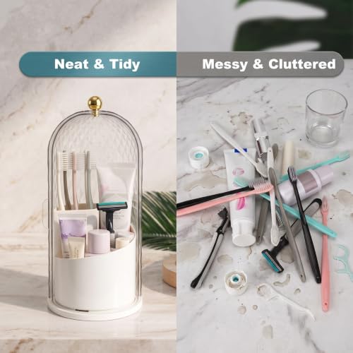 QIYVLOS Toothbrush Holders with Sliding Lid, Rotating 3 Slots Bathroom Organizer Countertop, Tooth Brush Toothpaste Holder Bathroom Counter Stand Caddy for Vanity Makeup Brushes Holder (White) - color: White