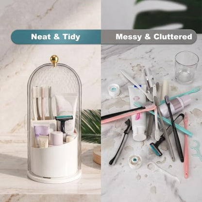QIYVLOS Toothbrush Holders with Sliding Lid, Rotating 3 Slots Bathroom Organizer Countertop, Tooth Brush Toothpaste Holder Bathroom Counter Stand Caddy for Vanity Makeup Brushes Holder (White) - color: White