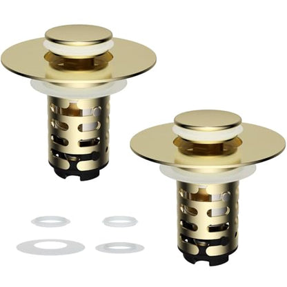 2-Pack Universal Bathroom Sink Drain Stopper, 4-in-1, Brushed Gold | Hair Catcher Pop-Up Sink Strainer Stopper with 2-Layer Removable Stainless Steel Basket, Drain Plug for 1.1"-2.36" US Basin - color: Brushed Gold Finished