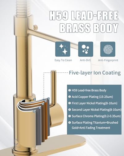 Kitchen Faucet, Brushed Gold Kitchen Faucet with Soap Dispenser and Deck Plate, Faucet for Camper Farmhouse RV Kitchen Sink, Single Handle Stainless Steel Kitchen Sink Faucets with Pull Down Sprayer - color: C-Brushed Gold, style: Contemporary