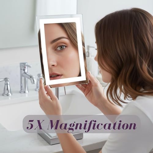 JERDON Lighted Makeup Mirror with 5X Magnification - Nickel - JRT910NL | 6.5" x 9" Rectangular Frame, LED Lighting, 17" Tall - color: Nickel