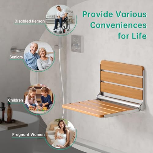 16" Wall Mounted Folding Shower Seat Bench - Heavy Duty 400lb Capacity, ADA Compliant Teak & Stainless Steel Shower Chair for Elderly, Disabled, Bathroom Safety - size: 16 inch