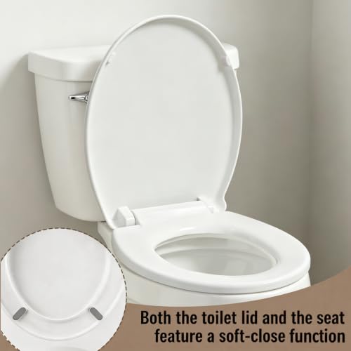 Round Soft Close Toilet Seat Plastic White | Quiet Close Toilet Lid | Non-Slip Seat Bumpers | Easy to Install & Clean | Fits Standard Round Toilets - size: 16.53''X14.37''