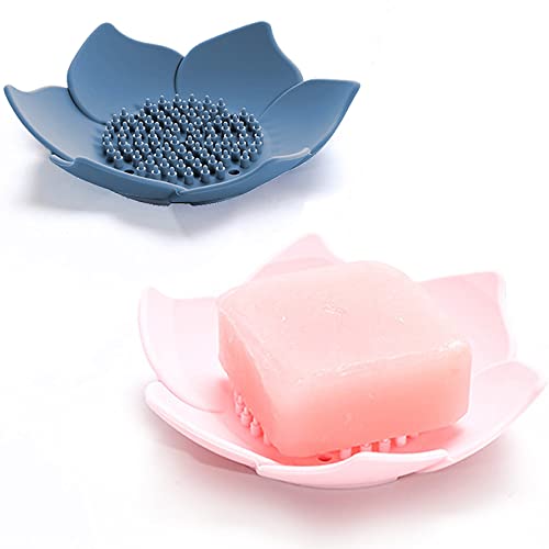 2 Pack Silicone Soap Tray Dishes Soap Holder Saver Draining Bathroom Shower Sink Bathtub - color: 2 Pack, Pink + Blue