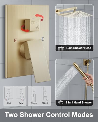 Aolemi Shower System with Rain Head and Handheld,16-Inch,Brushed Gold | High-Pressure Shower Faucet Set with Dual-Function Handheld,Rough-In Valve,1.8 GPM,Wall-Mount Trim Kit - color: Brushed Gold, size: 16 Inch
