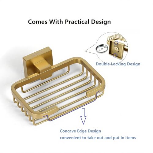 SEIDO Gold Soap Dish for Shower, 304 Stainless Steel Double-Locking Soap Holder, Wall Mount Soap Bar Holder for Shower, Hollowed-Out Drainage, 4.8" L x 3.2" W Internal, for Soap, Sponge, Keys - color: Brushed Gold