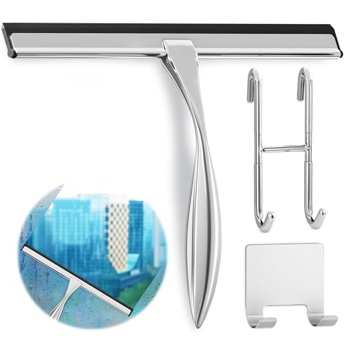 Shower Door Squeegee with Hook, 14" Silicone Blade, Steel (Silver) | Squeegee for Shower Glass with Adhesive Mount; All-Purpose Bathroom Tile, Mirror, & Window Wiper for Streak-Free Cleaning - color: Silver, size: 14 Inch
