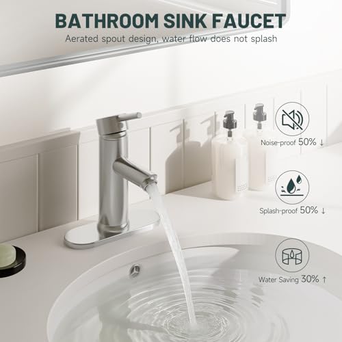 Bathroom Faucet for 1 or 3 Holes, Brushed Nickel, Brass | Single Handle Bathroom Sink Faucets, Modern Commercial Lavatory Vanity Faucet, with Deck Plate and Supply Line, Pop Up Drain - color: Brushed Nickel