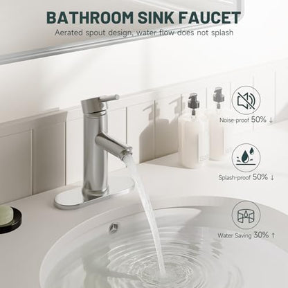 Bathroom Faucet for 1 or 3 Holes, Brushed Nickel, Brass | Single Handle Bathroom Sink Faucets, Modern Commercial Lavatory Vanity Faucet, with Deck Plate and Supply Line, Pop Up Drain - color: Brushed Nickel
