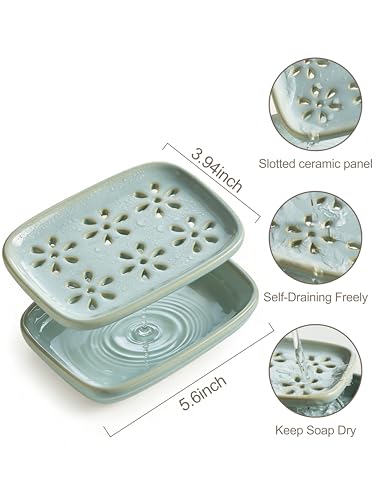 Miamolo Soap Dish for Shower with Drainage 2-Tier Bar Soap Holder Mess-Free | Ceramic, Removable Drip Tray, Large for 2 Bar Soaps Shampoo, Sponge, Bathroom Sink Counter | Easy Clean Dishwasher Safe, Blue - color: Blue