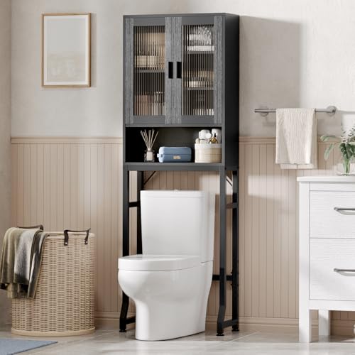 Black Over The Toilet Storage Cabinet with Glass Doors | Thicken Metal Stand & MDF Wood Above Toilet Storage Cabinet, Freestanding Space Saver Bathroom Organizers and Storage - color: Black, style: Glass Door