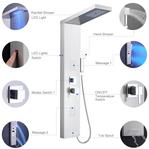 5-in-1 LED Shower Panel Tower System Stainless Steel Brushed Nickel | Rainfall head | 2-in-1 body jets | Handheld shower | Tub spout | LED lights | Wall mount - color: Brushed Nickel