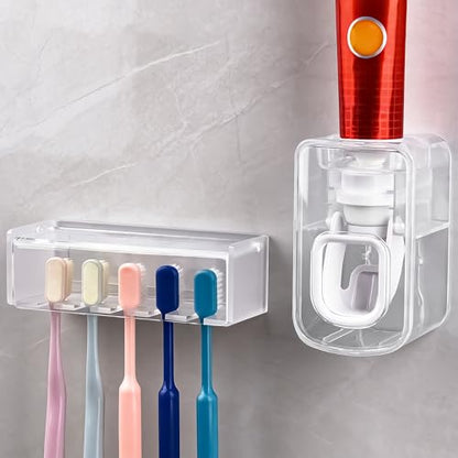 5 Slots Wall Mount Toothbrush Holder with Cover, Self Adhesive Tooth Brush Storage Organizer for Shower Bathrooms, Toothbrush Stand with Automatic Toothpaste Squeezer Dispenser - color: Clear Combination