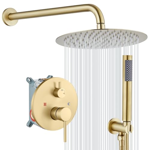 gotonovo Shower Faucet Set with Rough-in Valve Trim Kit,Brushed Gold | 10 Inch Round Rain Showerhead with Handheld Spray,Bathroom Wall Mount Shower System Complete Combo,2-in-1 Diverter,All Metal - color: Gold