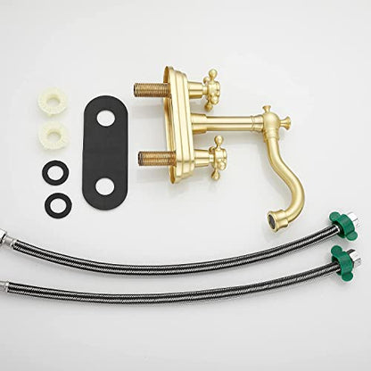 Bathroom Faucet Brushed Gold GGStudy 2 Handles 4 Inches Centerset Bathroom Vanity with Drain Assembly and Supply Hose Lavatory Mixer Double Handle Tap - color: Brushed Gold, style: Metal Cover