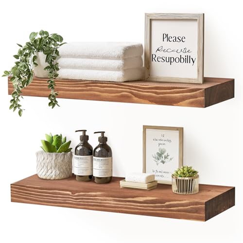 Solid Wood Floating Shelves, 17 Inch Wall Shelves, Set of 2, Brown | 8 Inch Deep, 1.6 Inch Thick, Extra-Wide Display Space, Mounting Hardware Included, For Kitchen, Bathroom and Living Room - color: Brown, size: 17x8x1.6