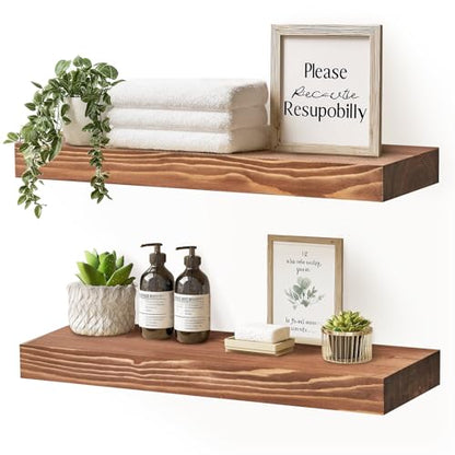 Solid Wood Floating Shelves, 17 Inch Wall Shelves, Set of 2, Brown | 8 Inch Deep, 1.6 Inch Thick, Extra-Wide Display Space, Mounting Hardware Included, For Kitchen, Bathroom and Living Room - color: Brown, size: 17x8x1.6