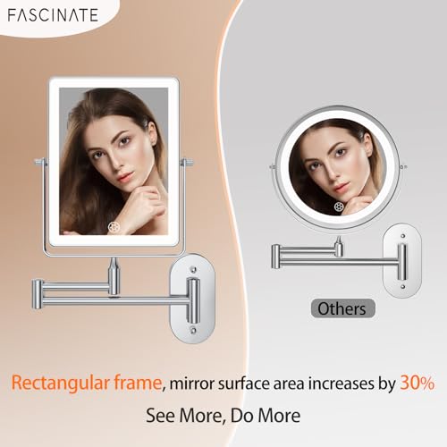 FASCINATE 8.7" 5000mAh Rechargeable Wall Mounted Makeup Mirror (Chrome) | Double Sided 1X/30X Rectangle Wall Mounted Magnifying Mirror with Light, 3 Color Setting, Extended Arm 360° Swivel Foldable - color: Chrome B