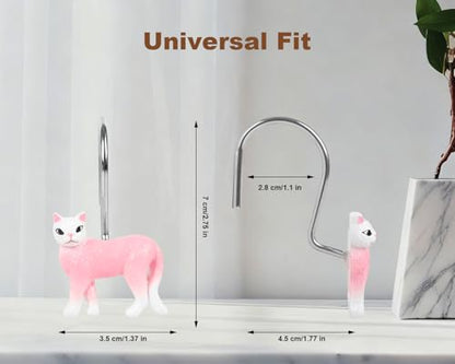 Pink Cat Shower Curtain Hooks Set of 12, Hand-Painted Resin Cat Shower Hooks with Rust-Resistant Metal Rings, Cute Bathroom Accessories - color: Pink