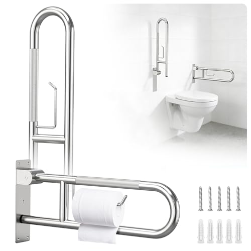 Toilet Grab Bar Support Rail 23.6 Inch, Anti-Slip Knurled Handicap Bathroom Safety Handrails U Shaped Flip-Up with Paper Holder for Elderly Disabled Pregnant, 304 Stainless Steel - size: 23.6in