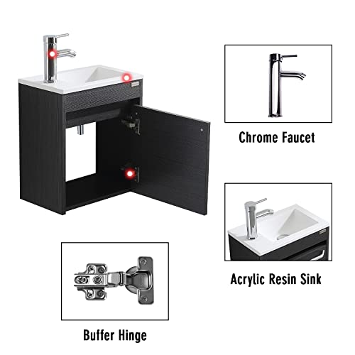 wonline 16” Bathroom Vanity Sink Combo for Small Space Black Wall Mounted Cabinet Set Design White Resin Basin Sink Top Chrome Faucet - color: Black