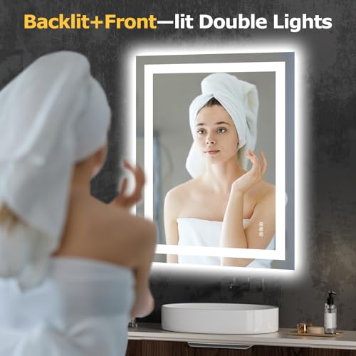 Hivone 36.1X28.1 LED Bathroom Mirror with Lights, Anti-Fog, Dimmable, Backlit + Front Lit, Smart Bathroom Vanity Mirror, Memory Function, Shatterproof, Tempered Glass (Horizontal/Vertical) - size: 36.1"L x 28.1"W